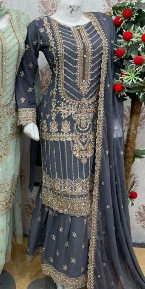 Premier 3-Piece Embroidered Chiffon Gharara Suit| Elegant Wedding & Party Wear Fabric Matching Outfit Shirt