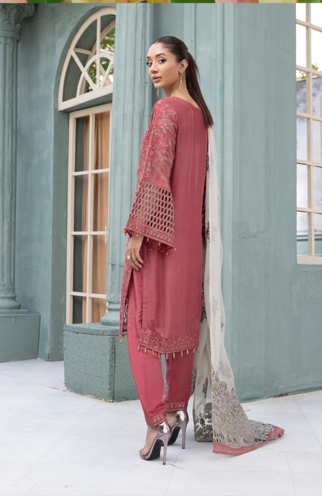 Flossie By Simran’s – 3 Piece Chiffon Embroidered Suit | Sizes S–2XL Colour Rust