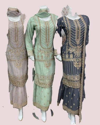 Premier 3-Piece Embroidered Chiffon Gharara Suit| Elegant Wedding & Party Wear Fabric Matching Outfit Shirt