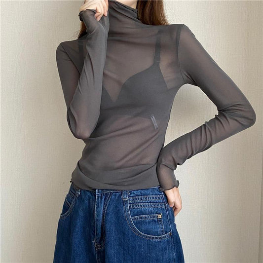 Slim-fit High Collar Long-sleeved Lace Base Shirt Women's Thin Mesh Top Autumn And Winter Black Wooden Ear-rimmed Shirt For Women